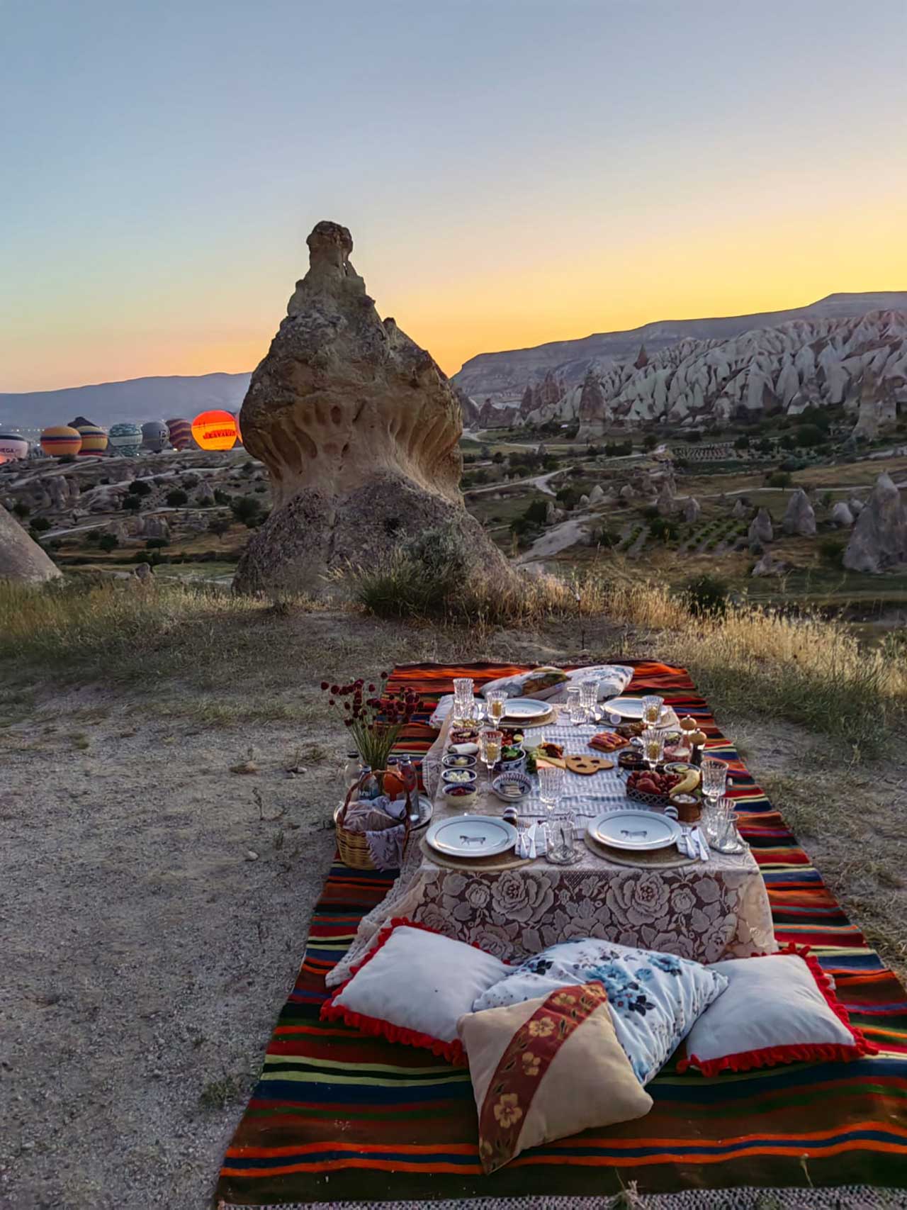 Turkish Breakfast Table with the Stunning Air Balloon Views - Vines and Pearls